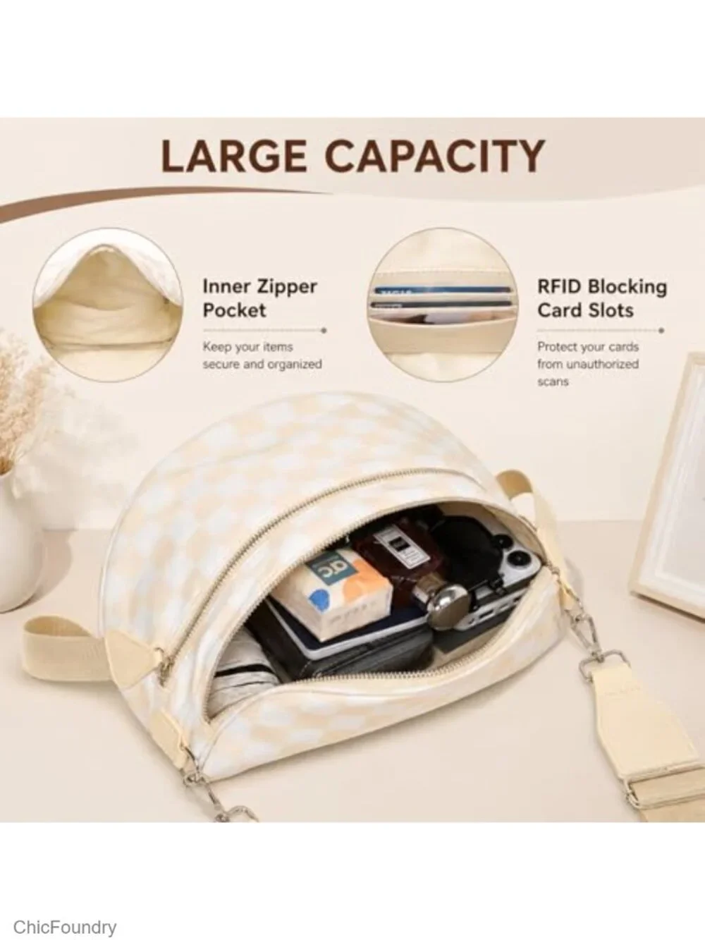 Checkered Crossbody Sling Bag with RFID Protection, Nylon Travel Purse